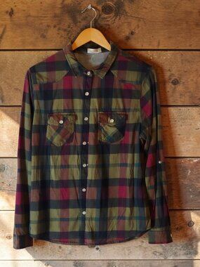 Passport Plaid Snap Button Shirt Women Medium Western Flannel Earth Tone Rustic